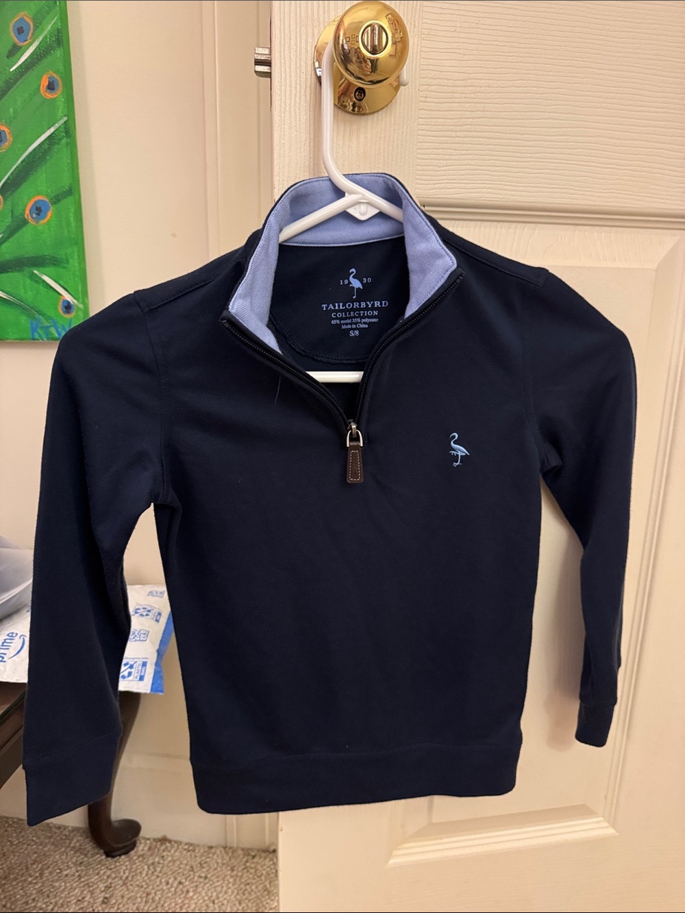 Tailorbyrd Navy Quarter-Zip Pullover with Light Blue Trim and Flamingo Logo
